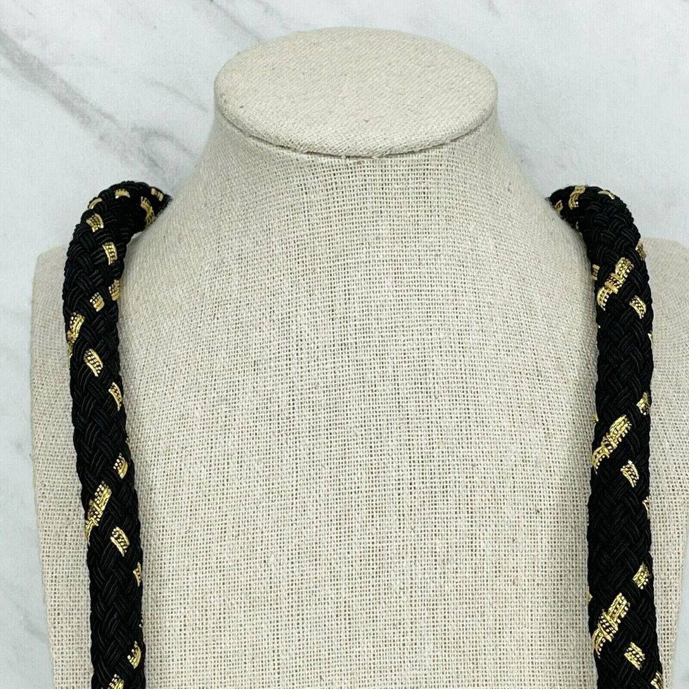Black and Gold Tone Barrel Braided Soft Necklace - Picture 3 of 6